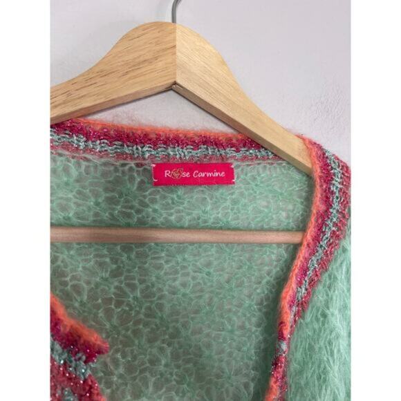 NEW Rose Carmine Mohair Blend Little Jacket Colorblock Cardigan Sweater One Size - Picture 3 of 5